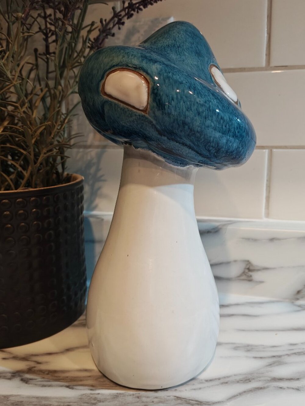 Stunning Vintage 1970s Studio Pottery Mushroom Figurine Blue Ceramic MCM Stateme